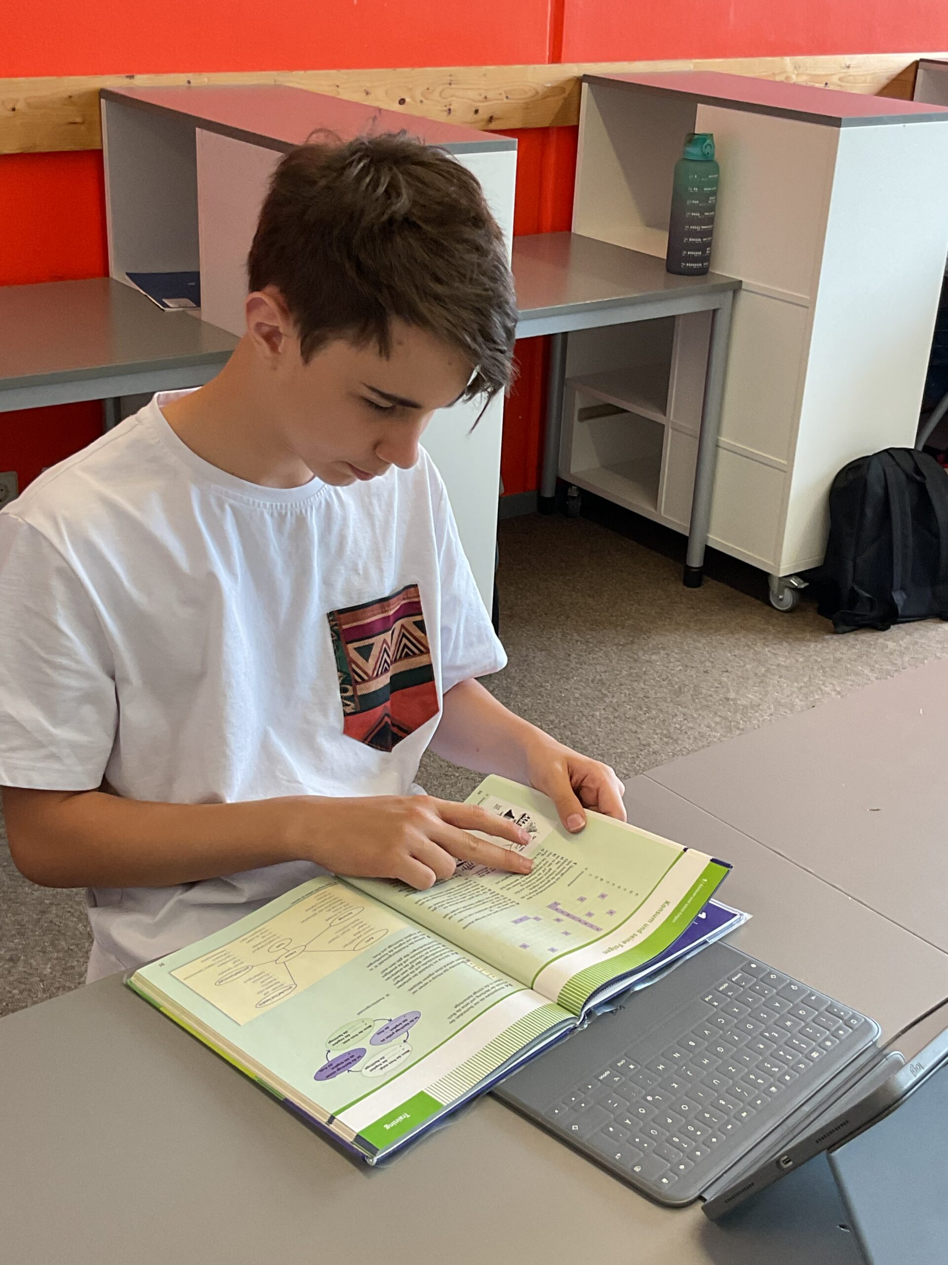 Schüler sitzt am Schreibtisch und liest in einem Schulbuch.