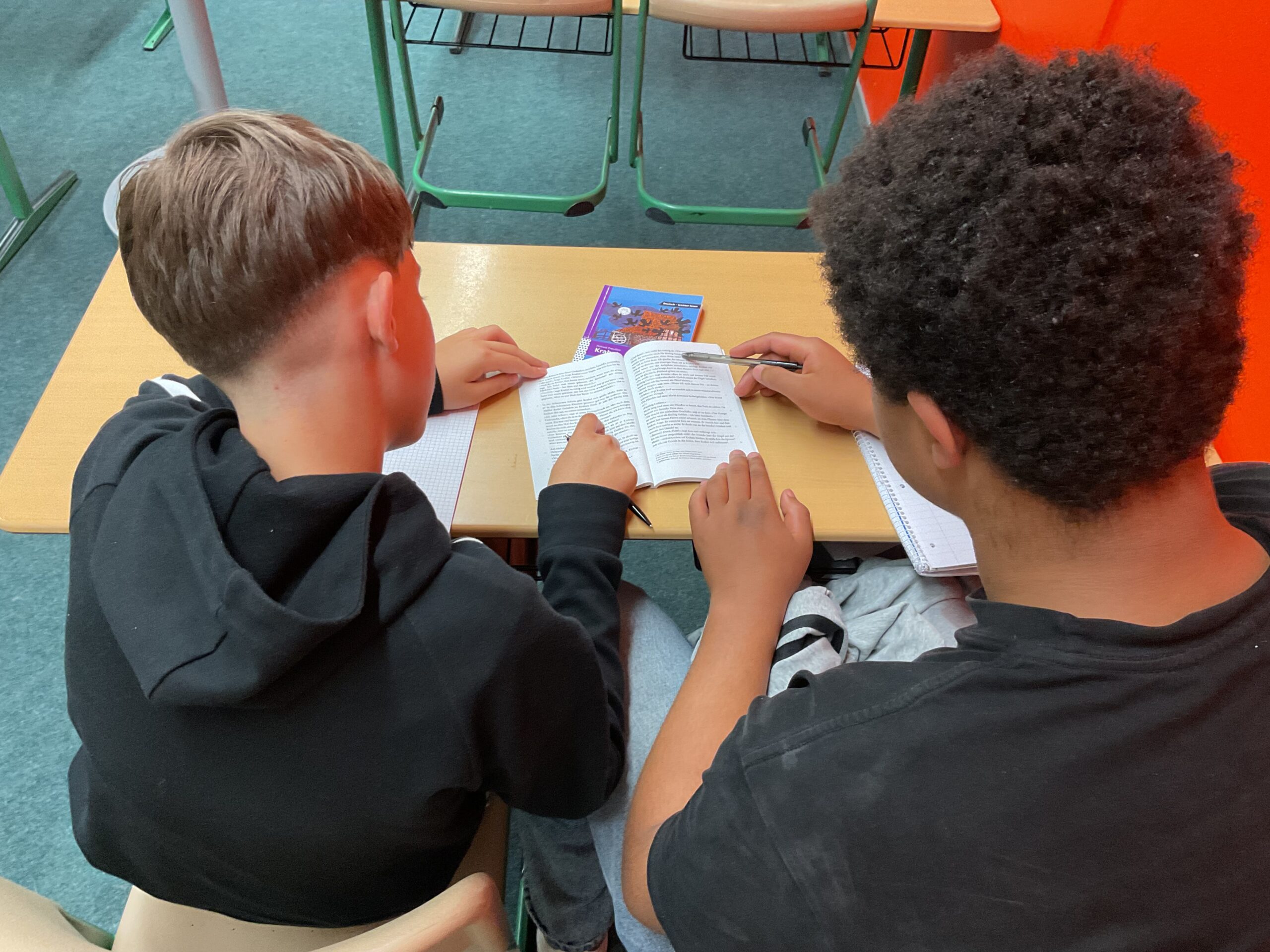 Zwei Schüler sitzen am Schreibtisch und lesen in einer Lektüre.